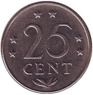 Монета 25 центов, 1975 год, Нидерландские Антильские острова. Монета 25 центов, 1975 год, Нидерландские Антильские острова.