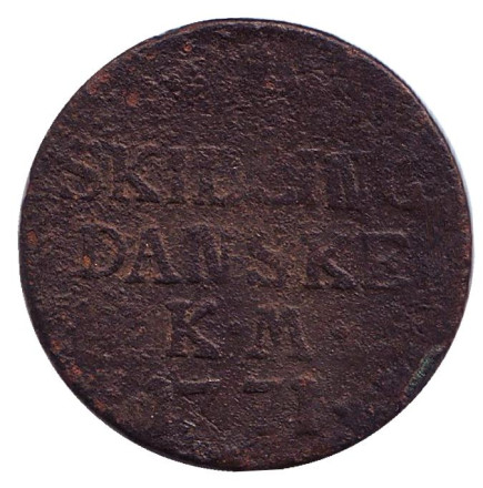 Монета 1 скиллинг. 1771 год, Дания. (Без ошибки в слове "DANSKE")