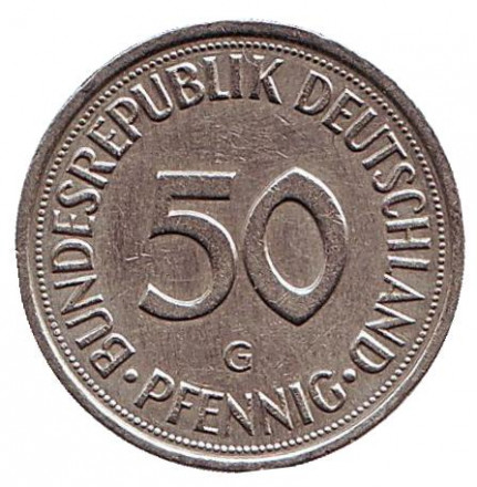 Монета 50 пфеннигов. 1983 год (G), ФРГ. Женщина, сажающая дуб. Монета 50 пфеннигов. 1983 год (G), ФРГ. Женщина, сажающая дуб.