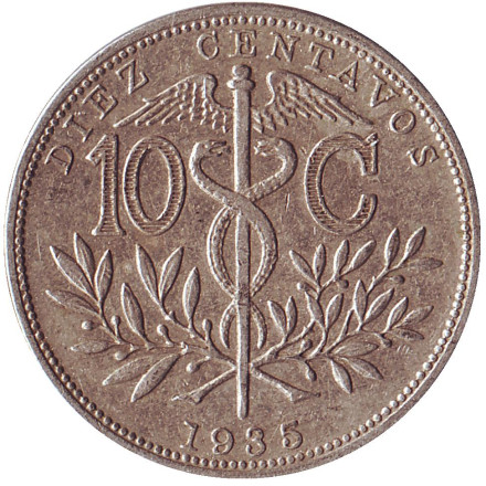 Монета 10 сентаво, 1935 год, Боливия.