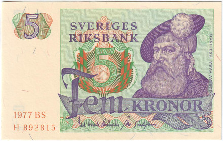 Банкнота 5 крон. 1977 год, Швеция.