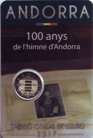 Монета 2 евро. 2017 год, Андорра. 100 лет Гимну Андорры.