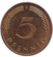 Дубовые листья. Монета 5 пфеннигов. 1995 год (F), ФРГ. 