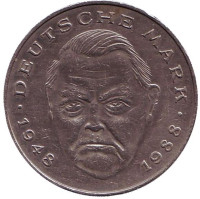 Людвиг Эрхард. Монета 2 марки. 1991 год (F), ФРГ.