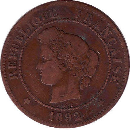 Монета 5 сантимов. 1892 год, Франция.