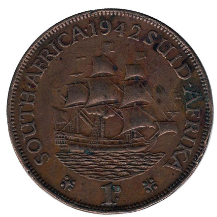 Монета 1 пенни. 1942 год, Южная Африка. (Без точки после даты). Корабль "Дромедарис".