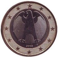 Монета 1 евро. 2003 год (F), Германия. Монета 1 евро. 2003 год (F), Германия.