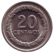Монета 20 сентаво. 1968 год, Колумбия. Монета 20 сентаво. 1968 год, Колумбия.