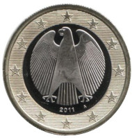 Монета 1 евро. 2011 год (A), Германия. Монета 1 евро. 2011 год (A), Германия.