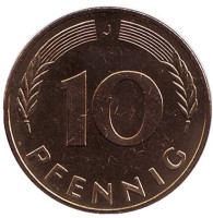 Дубовые листья. Монета 10 пфеннигов. 1979 год (J), ФРГ.