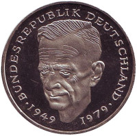 Курт Шумахер. Монета 2 марки. 1984 год (J), ФРГ. UNC.