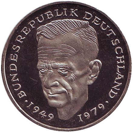 Монета 2 марки. 1984 год (J), ФРГ. UNC. Курт Шумахер.