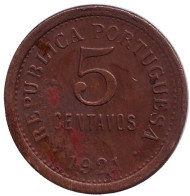 Монета 5 сентаво. 1921 год, Португалия. Монета 5 сентаво. 1921 год, Португалия.