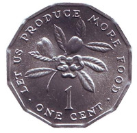 Веточка кофейного дерева. Монета 1 цент. 1987 год, Ямайка.