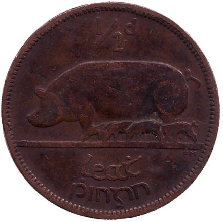 Монета 1/2 пенни, 1928 год, Ирландия. Свинья.