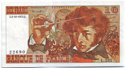 Банкнота 10 франков. 1975 год, Франция. Гектор Берлиоз.