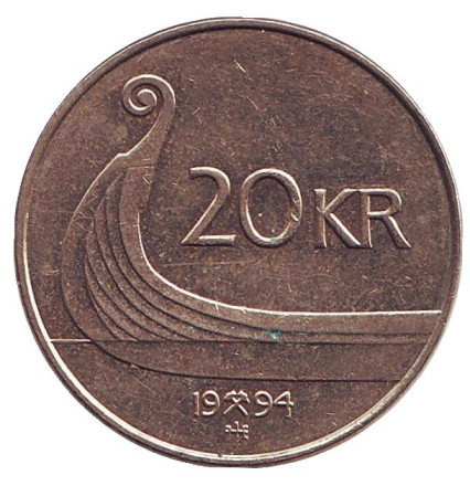 Монета 20 крон. 1994 год, Норвегия. Ладья викингов.