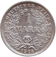 Монета 1 марка. 1914 год (D), Германская империя. Монета 1 марка. 1914 год (D), Германская империя.