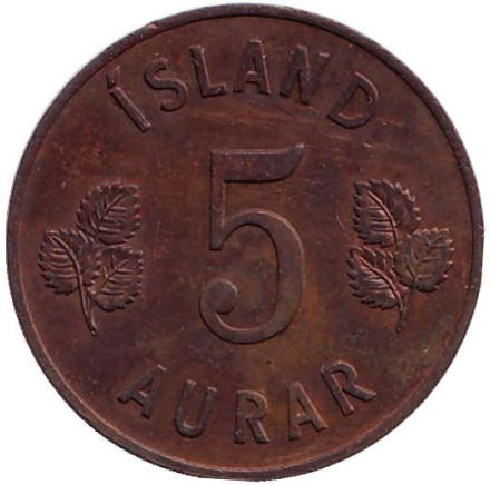 Монета 5 аураров. 1959 год, Исландия.