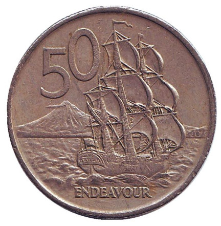 Монета 50 центов. 1975 год, Новая Зеландия. Парусник "Endeavour".