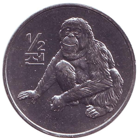 Монета 1/2 чона. 2002 год, Северная Корея. Орангутан. Мир животных.