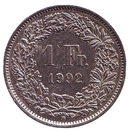 Монета 1 франк. 1992 год, Швейцария. Гельвеция.