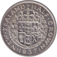 Монета 1/2 кроны. 1937 год, Новая Зеландия. Монета 1/2 кроны. 1937 год, Новая Зеландия.