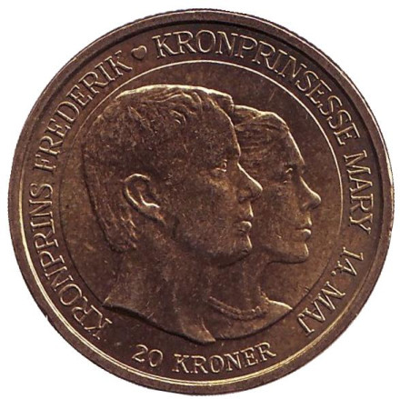 Монета 20 крон. 2004 год, Дания. Свадьба Принца Фредерика и Мисс Мэри Дональдсон.