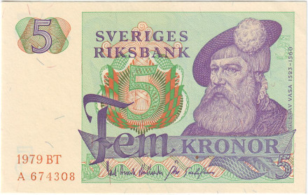Банкнота 5 крон. 1979 год, Швеция.