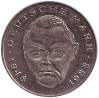 Людвиг Эрхард. Монета 2 марки. 1992 год (F), ФРГ.