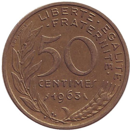 Монета 50 сантимов. 1963 год, Франция. (4 складки на воротнике)