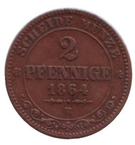 Монета 2 пфеннига. 1864 год, Германия. Саксония. Монета 2 пфеннига. 1864 год, Германия. Саксония.