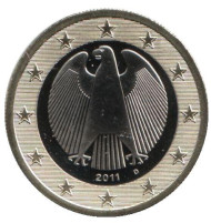 Монета 1 евро. 2011 год (D), Германия. Монета 1 евро. 2011 год (D), Германия.