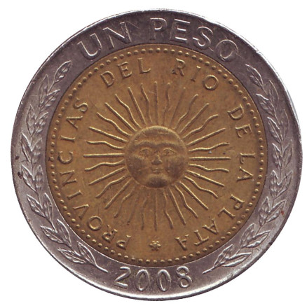 Монета 1 песо. 2008 год, Аргентина.