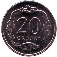 Монета 20 грошей. 2016 год, Польша.
