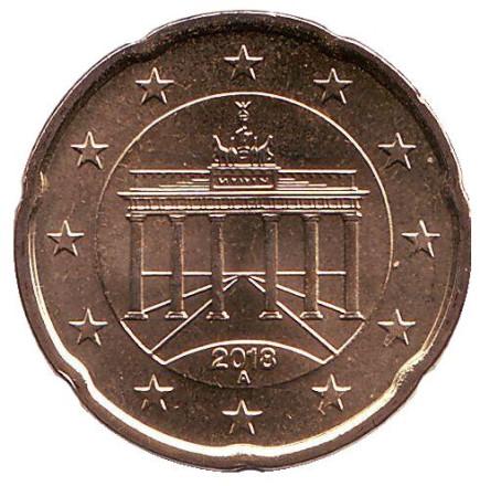 Монета 20 центов. 2018 год (A), Германия.