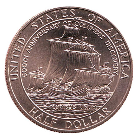 Монета 50 центов (D). 1992 год, США. BU. 500-летие открытия Колумбом Америки.