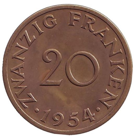 Монета 20 франков. 1954 год, Саар.