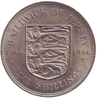 900 лет битве при Гастингсе. Монета 5 шиллингов. 1966 год, Джерси.