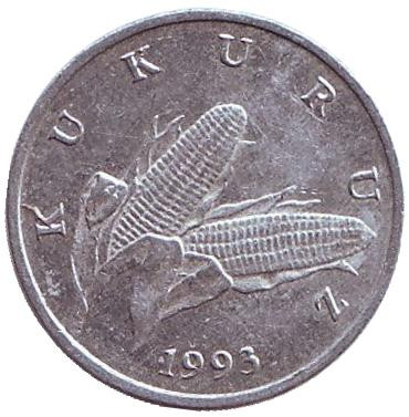 Монета 1 липа. 1993 год, Хорватия. Из обращения. Початок кукурузы.