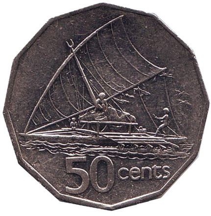 Монета 50 центов. 1995 год, Фиджи. Фиджийское каноэ Такиа (Каунитони).