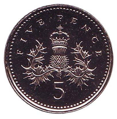 Монета 5 пенсов. 1990 год, Великобритания. Новый тип. BU.