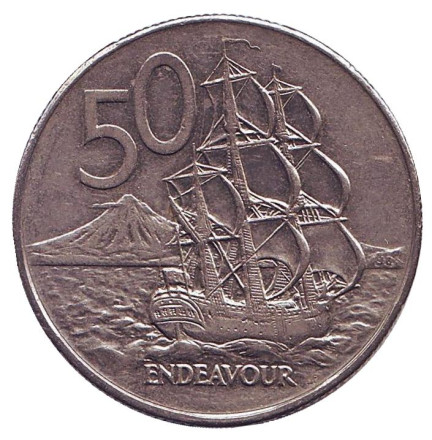 Монета 50 центов. 1985 год, Новая Зеландия. Парусник "Endeavour".