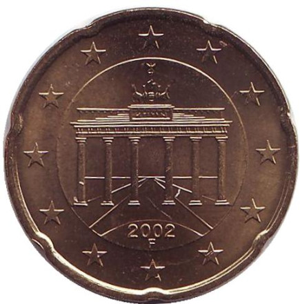 Монета 20 центов. 2002 год (F), Германия.
