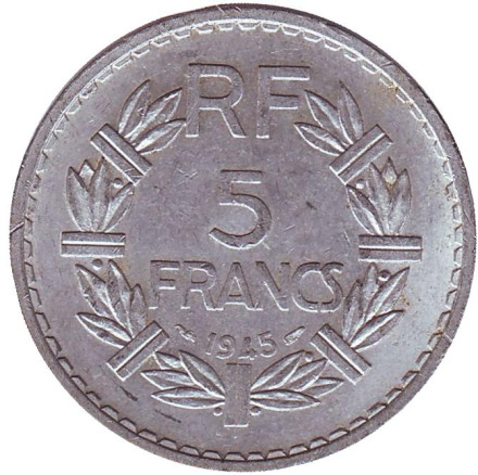 Монета 5 франков. 1945 год, Франция.