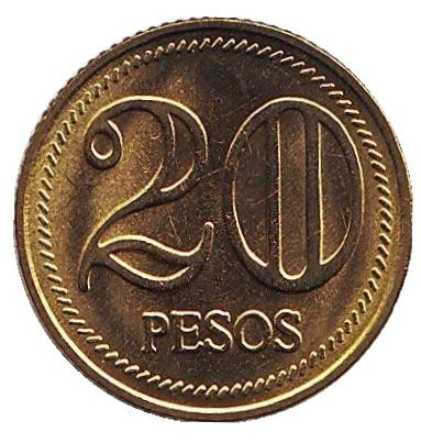 Монета 20 песо. 2004 год, Колумбия. UNC.