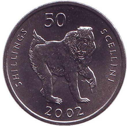 Монета 50 шиллингов. 2002 год, Сомали. Мандрил. (Обезьяна).
