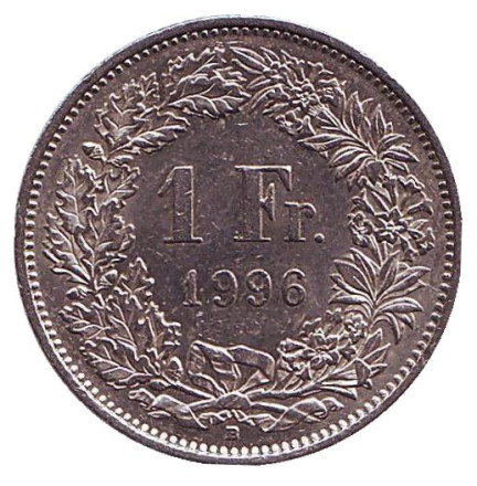 Монета 1 франк. 1996 год, Швейцария. Гельвеция.