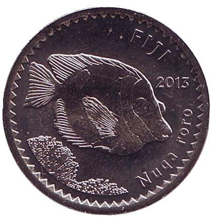 Монета 5 центов. 2013 год, Фиджи. Рыба-кролик. Фиджийский барабан.