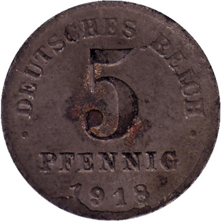 Монета 5 пфеннигов. 1918 год (D), Германская империя.
